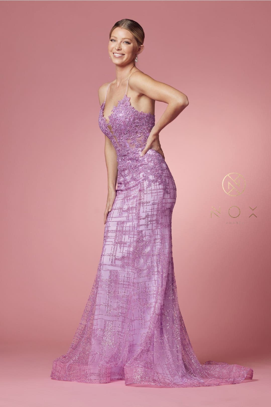 Nox Anabel R282-1 Strappy Glitter Deep V-Neck Mermaid Prom Evening Gown - Dress