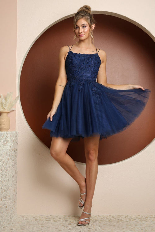 Nox Anabel T718 Floral Strappy Backless Short Briedsmaids Dress - NAVY BLUE / 2 - Dress