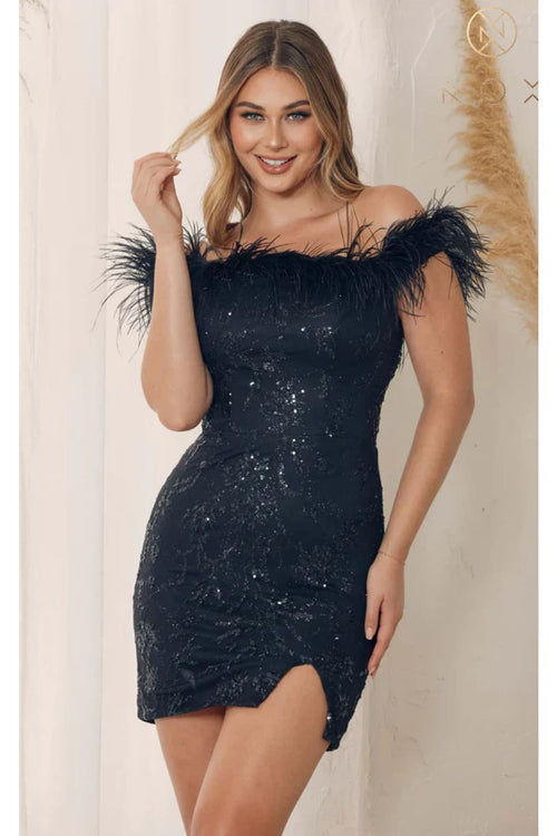 Nox Anabel T790 Glitter Print Short Off-Shoulder Feather Dress - Black / Dress