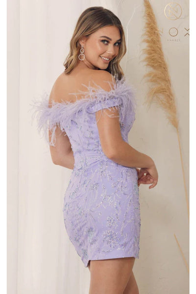 Nox Anabel T790 Glitter Print Short Off-Shoulder Feather Dress - Black / 12 - Dress