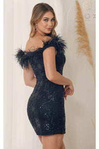 Nox Anabel T790 Glitter Print Short Off-Shoulder Feather Dress - Black / 6 - Dress