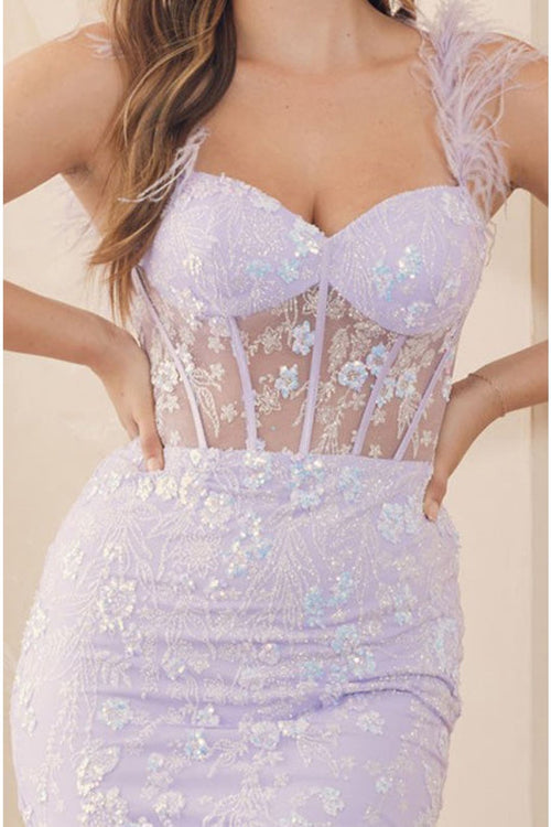 Nox Anabel T791 Sheer Bodice Glitter Corset Back Feathers Hoco Dress