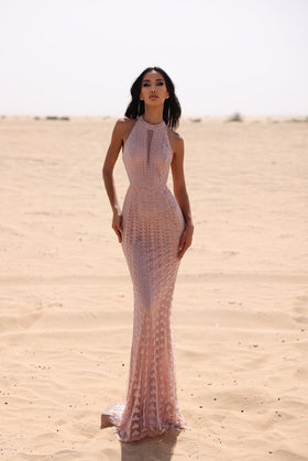 Chic and Holland EW990020 High Neck Beaded Evening Gown with Open Back