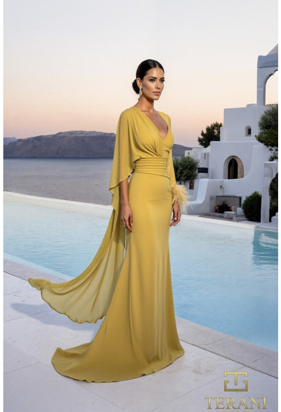 Terani Couture 261M6403 Glamorous Formal V-Neck Sheath Draped Cape Long Chiffon Dress
