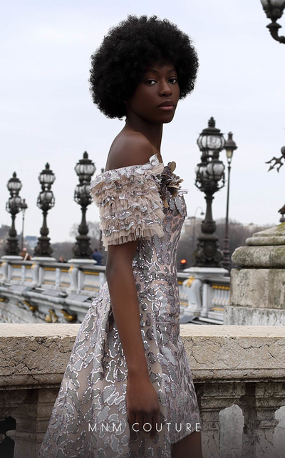 MNM Couture K4071 Off-Shoulder Glitter Gown with Detachable Overskirt