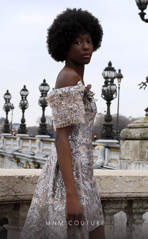 MNM Couture K4071 Off-Shoulder Glitter Gown with Detachable Overskirt