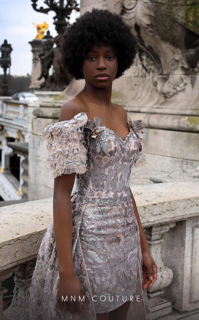 MNM Couture K4071 Off-Shoulder Glitter Gown with Detachable Overskirt