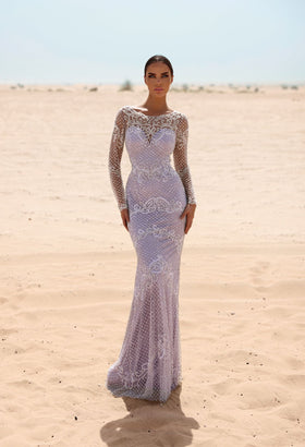 Chic and Holland HF110050 Long Sleeve Beaded Evening Gown