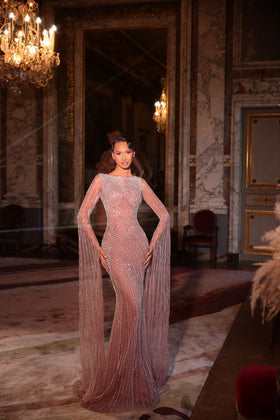Chic and Holland PH120144 High Neck Cape Sleeve Beaded Sheath Evening Gown