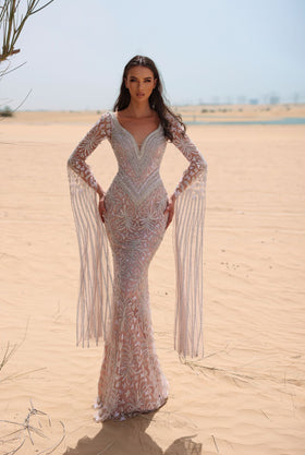 Chic and Holland HF110047 V-Neck Long Sleeve Beaded Evening Gown