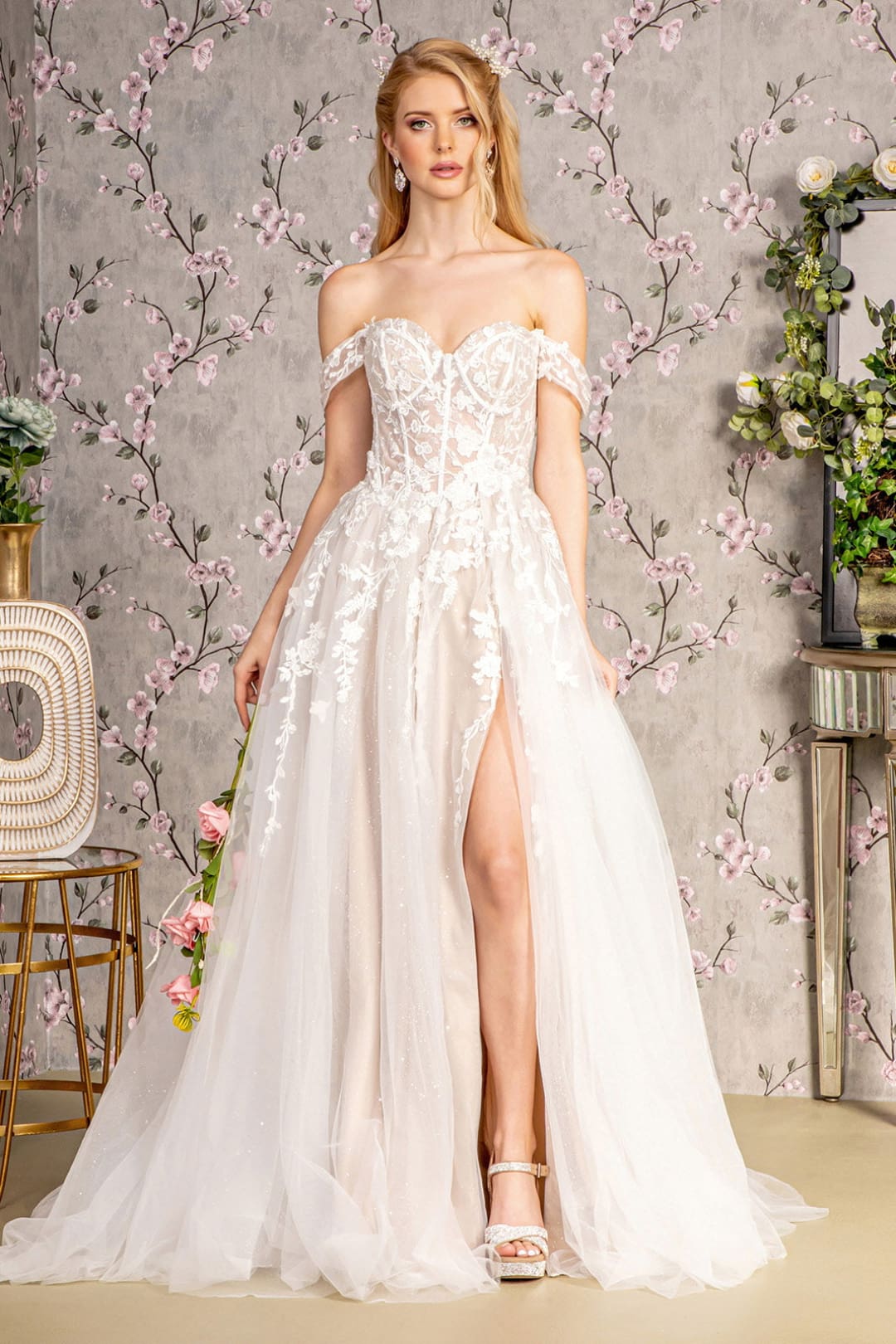 Off Shoulder A-line Slit Bridal Gown by GLS Gloria GL3429 - XS / Ivory/Champagne - Long Formal Dresses