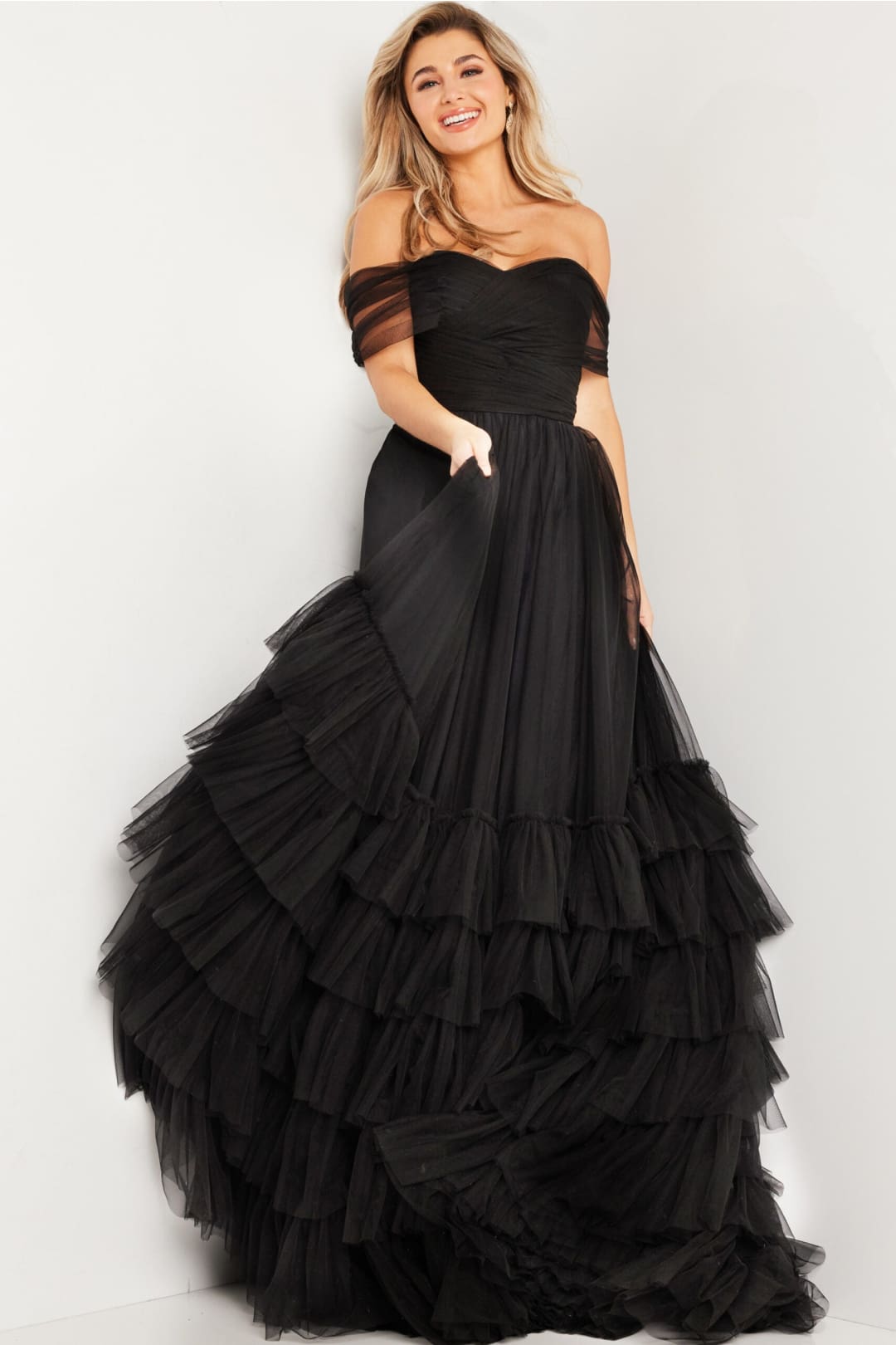 Off Shoulder A-line Tiered Gown by Jovani 37608 - Long Formal Dresses