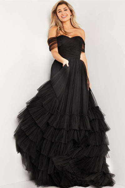 Off Shoulder A-line Tiered Gown by Jovani 37608 - Long Formal Dresses