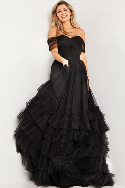 Off Shoulder A-line Tiered Gown by Jovani 37608 - Long Formal Dresses