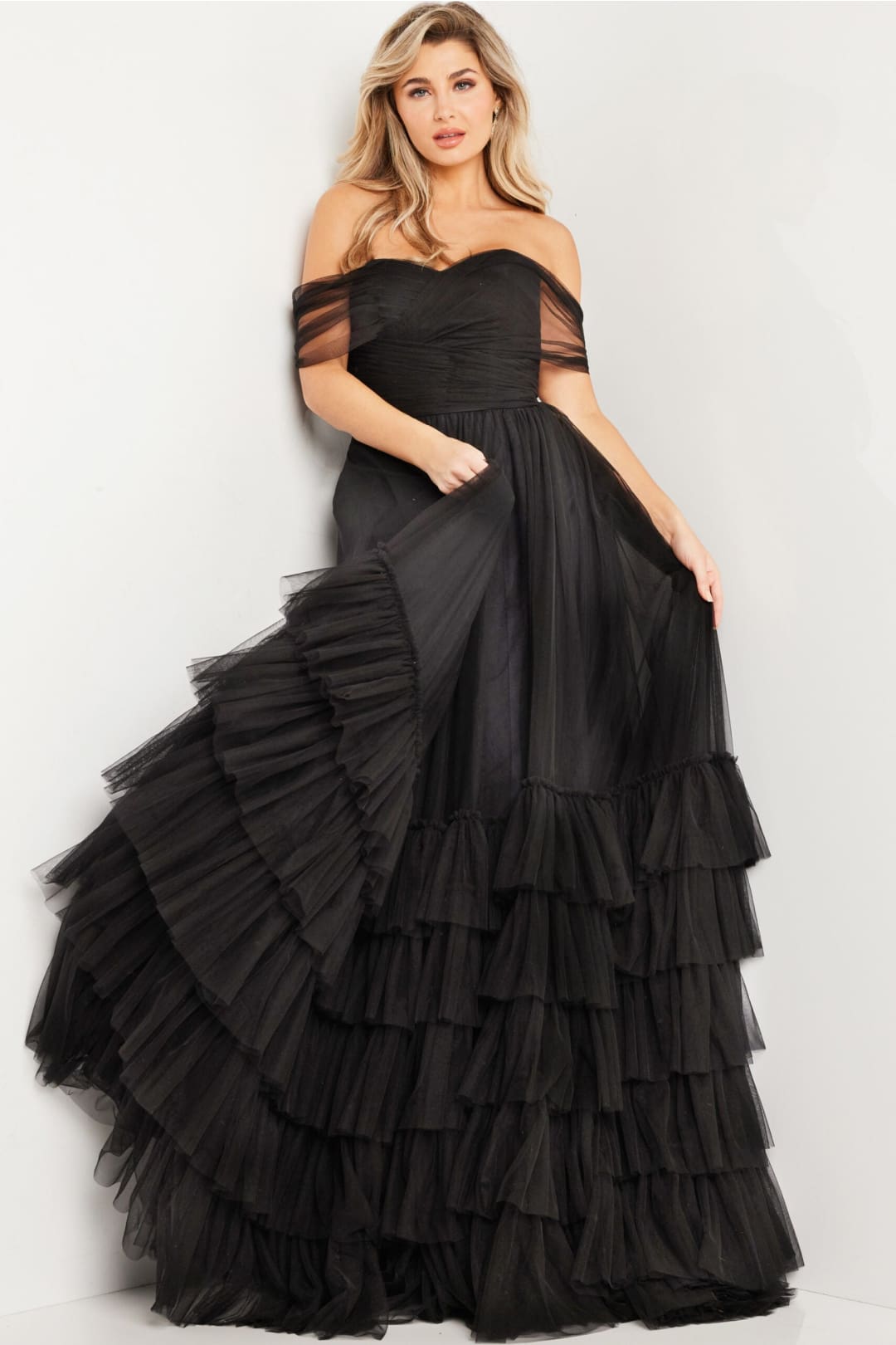 Off Shoulder A-line Tiered Gown by Jovani 37608 - Long Formal Dresses