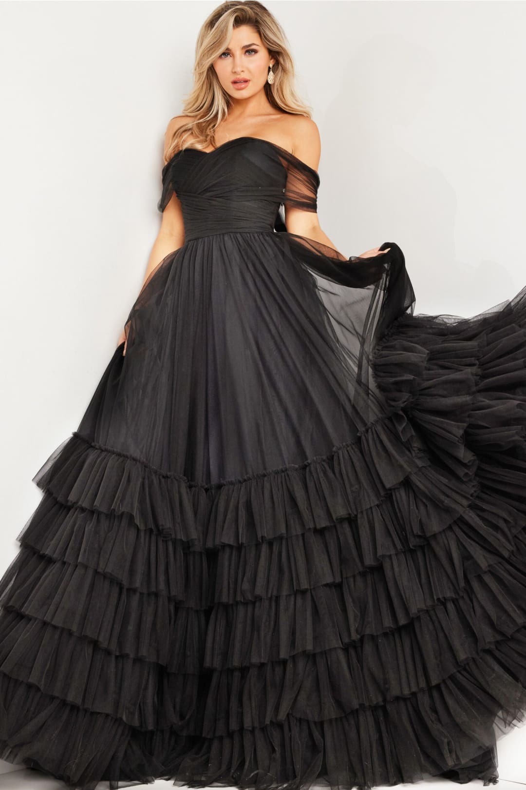 Off Shoulder A-line Tiered Gown by Jovani 37608 - 00 / Black - Long Formal Dresses