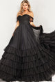 Off Shoulder A-line Tiered Gown by Jovani 37608 - 00 / Black - Long Formal Dresses