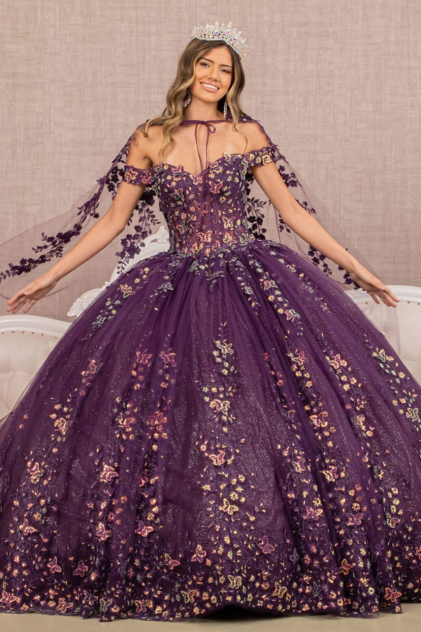 Off Shoulder Cape Ball Gown by Elizabeth K GL3171 - XS / Purple - Quinceanera Dresses