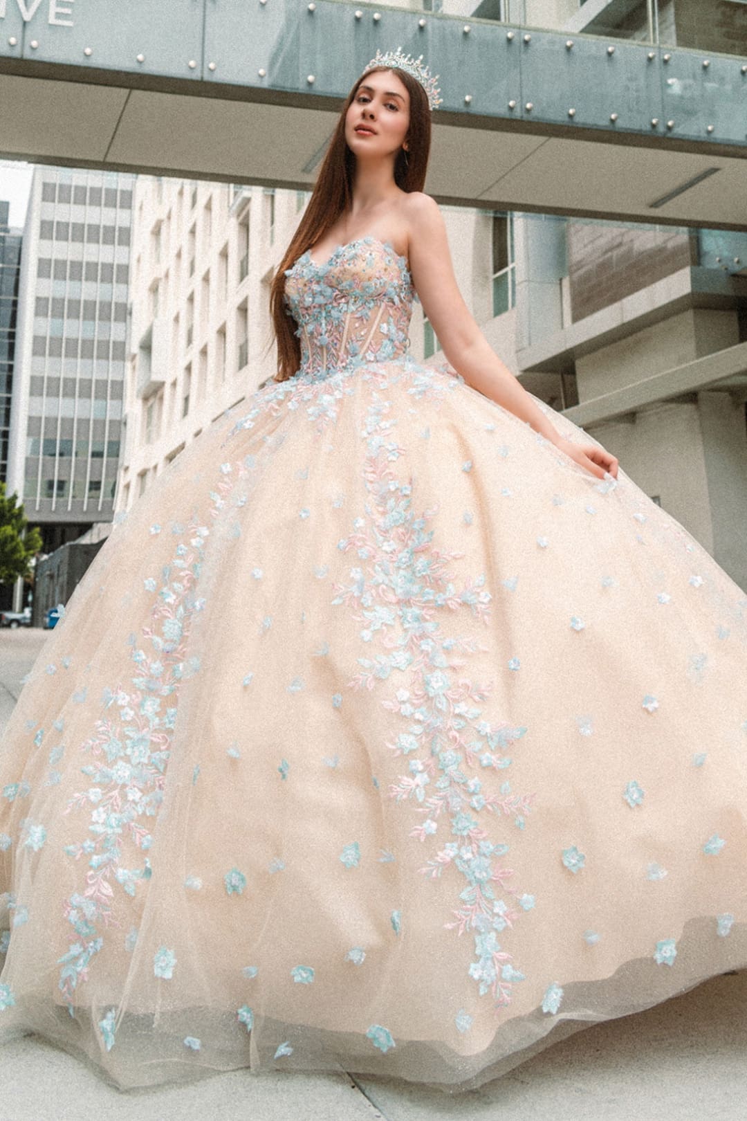 Off Shoulder Corset Ball Gown by GLS Gloria GL3504 - XS / Champagne/Multi - Quinceanera Dresses