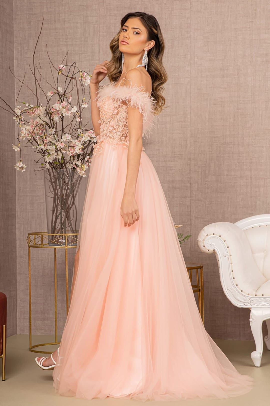 Off Shoulder Feather A-line Gown by GLS Gloria GL3138 - Long Formal Dresses