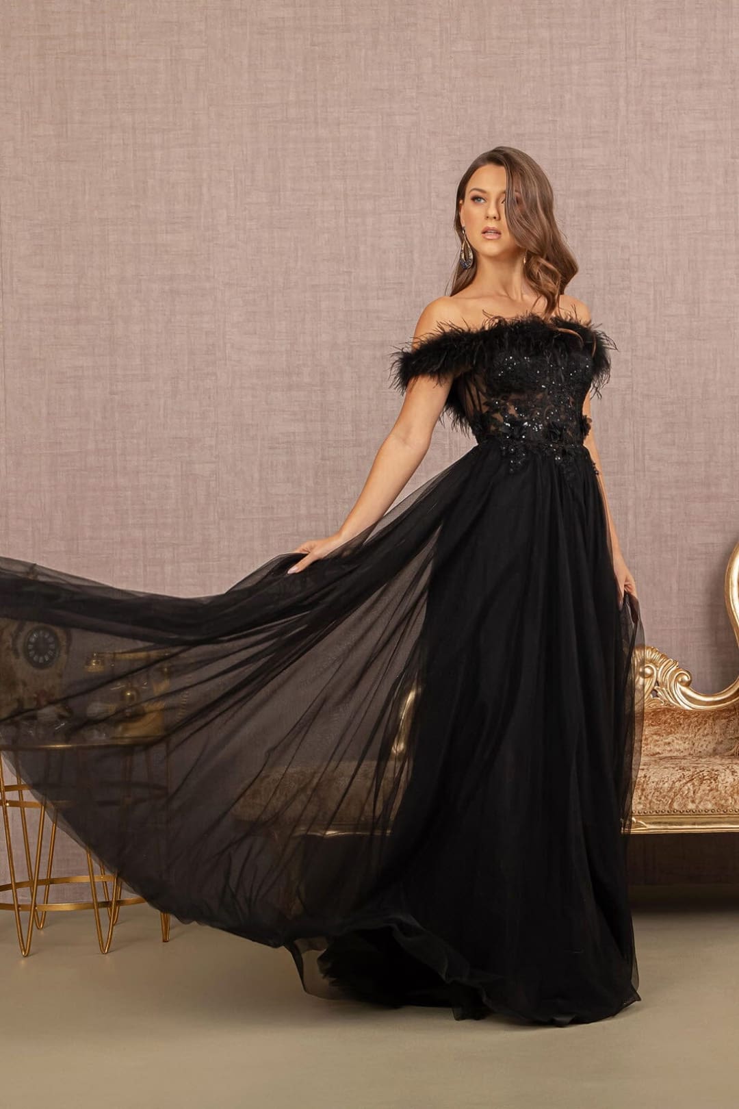 Off Shoulder Feather A-line Gown by GLS Gloria GL3138 - Long Formal Dresses