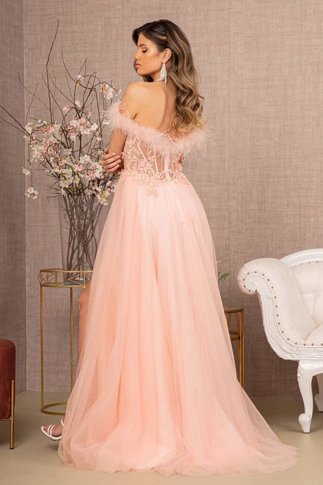 Off Shoulder Feather A-line Gown by GLS Gloria GL3138 - Long Formal Dresses