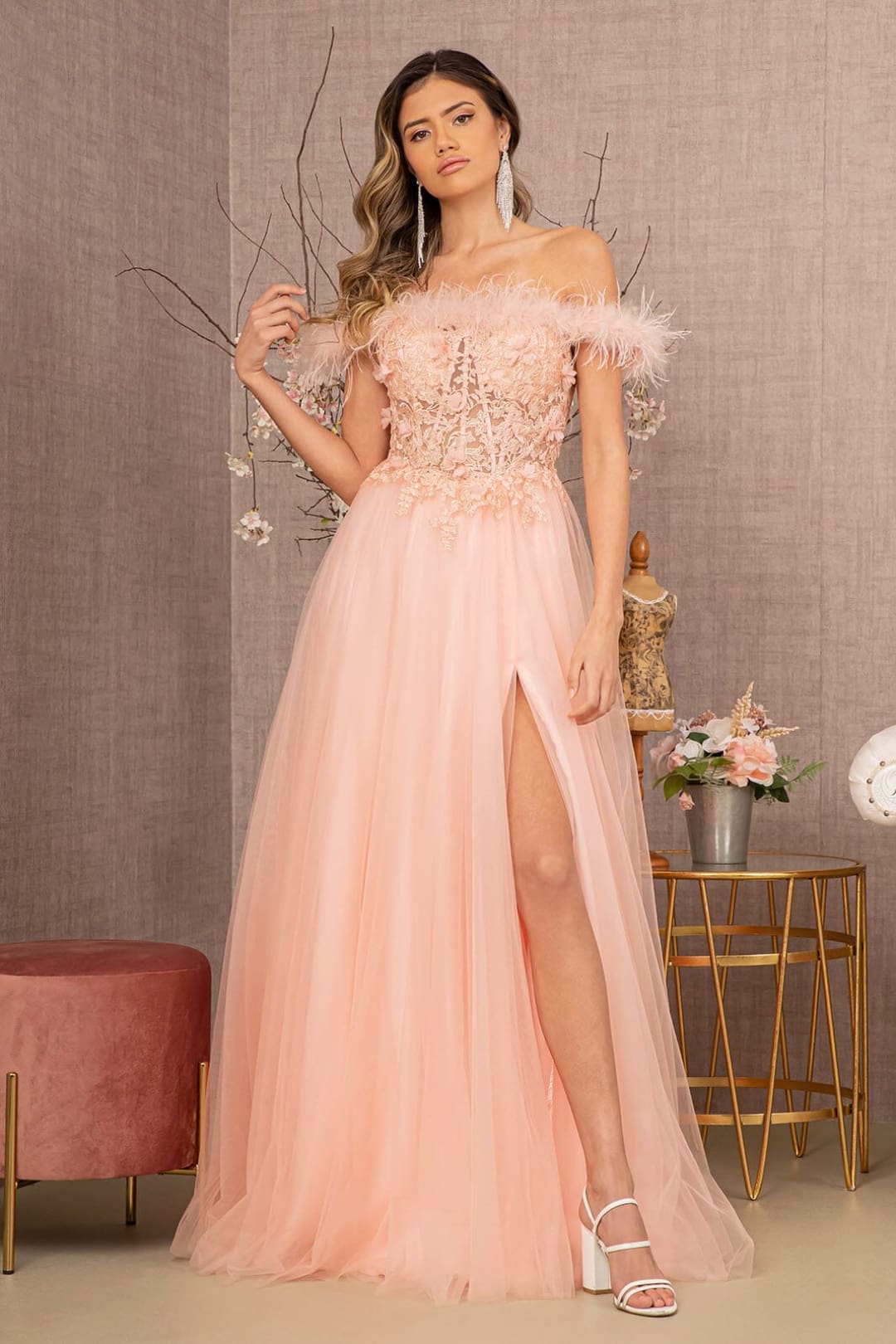 Black Off Shoulder Feather A-line Gown by GLS Gloria GL3138