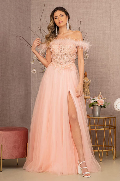Off Shoulder Feather A-line Gown by GLS Gloria GL3138 - XS / Blush - Long Formal Dresses