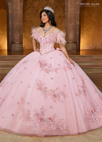 Rachel Allan RQ2186 Off Shoulder Feather Quinceanera Dress