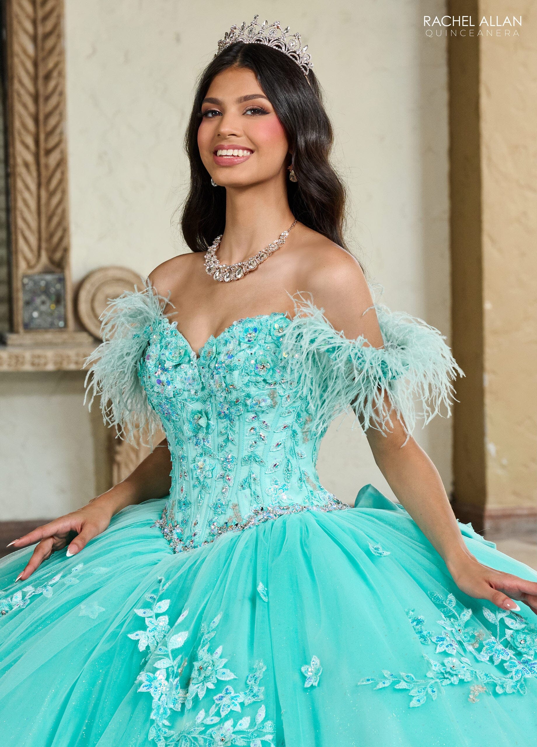 Rachel Allan RQ2186 Off Shoulder Feather Quinceanera Dress