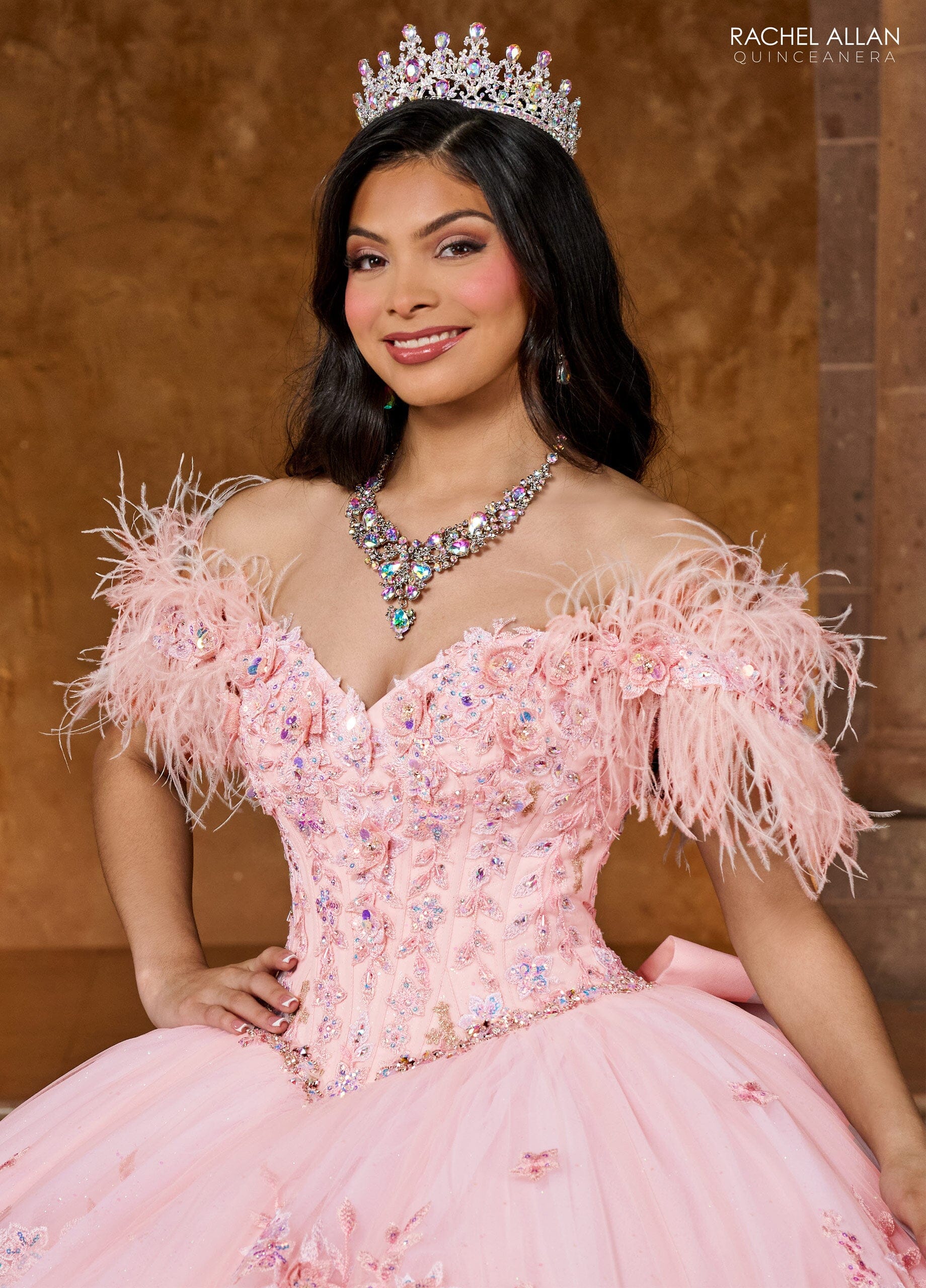 Rachel Allan RQ2186 Off Shoulder Feather Quinceanera Dress