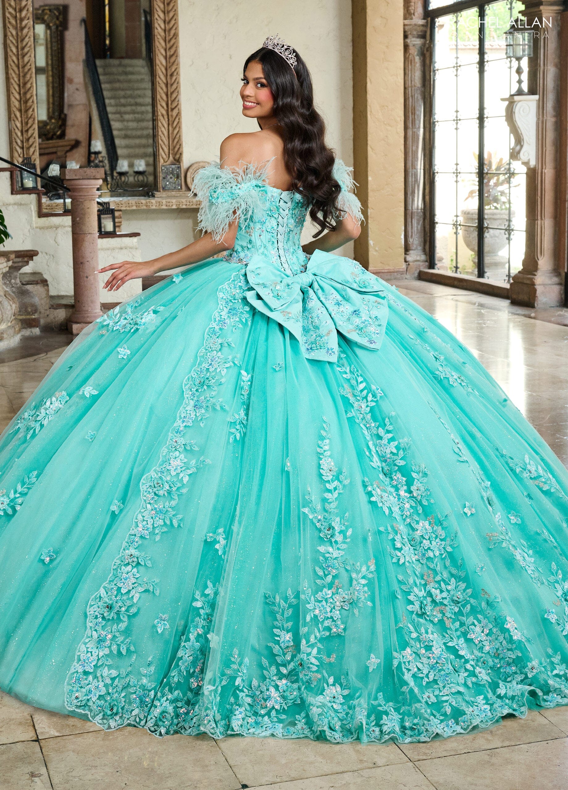 Rachel Allan RQ2186 Off Shoulder Feather Quinceanera Dress