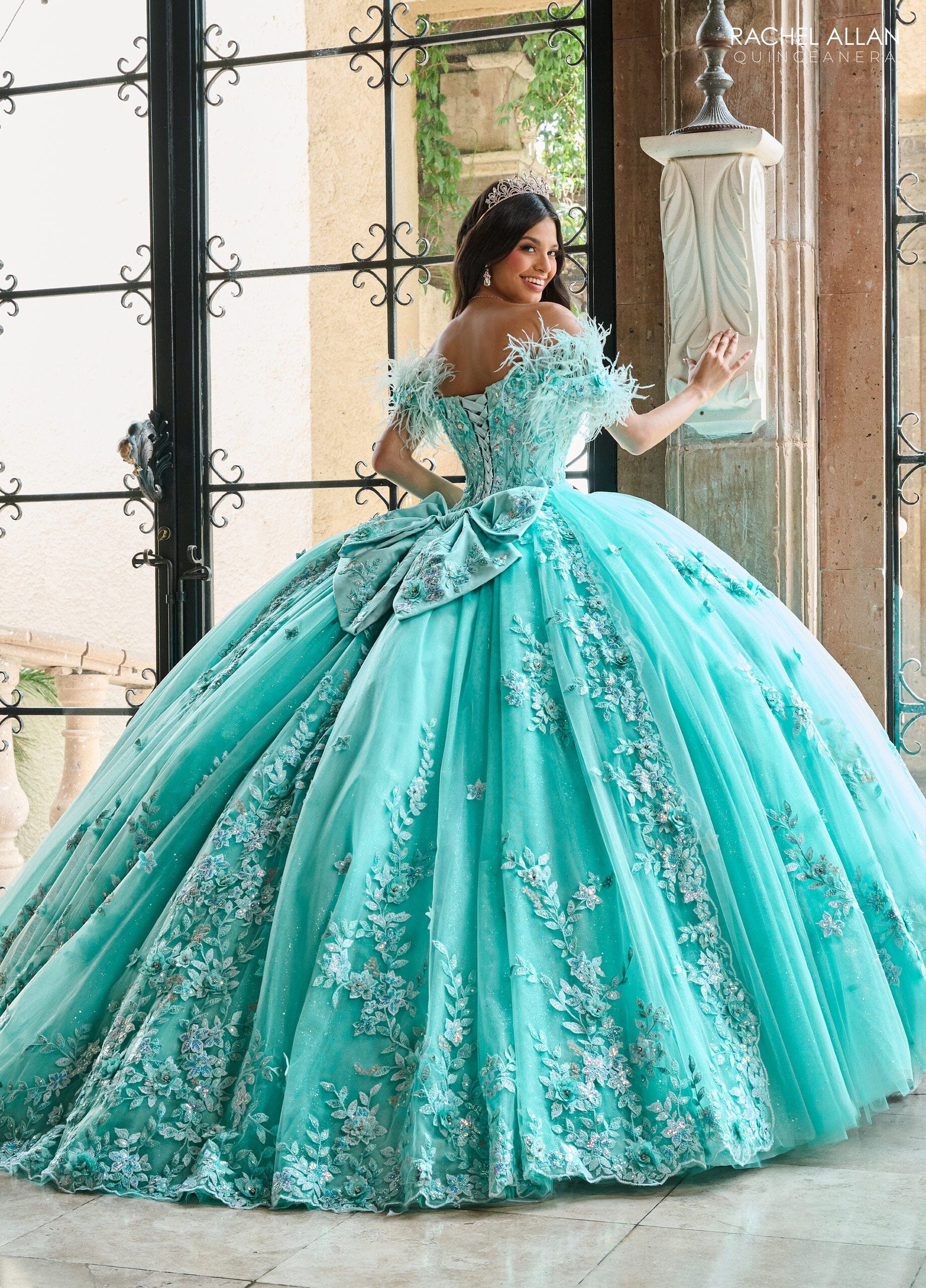 Rachel Allan RQ2186 Off Shoulder Feather Quinceanera Dress