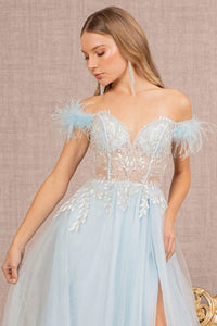 Off Shoulder Feather Slit Gown by GLS Gloria GL3135 - Long Formal Dresses