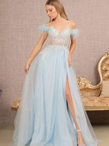 Off Shoulder Feather Slit Gown by GLS Gloria GL3135