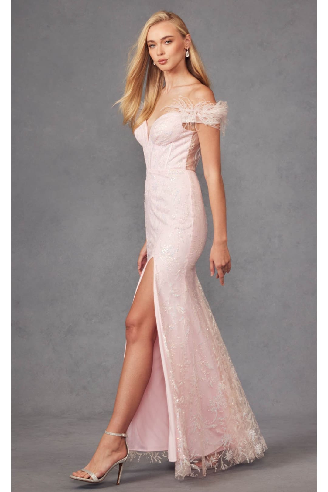 Off-Shoulder Glitter Print Feather Gown by Juliet 2402 - Dress