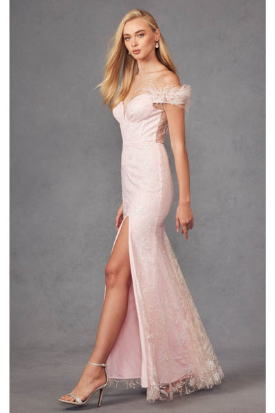 Off-Shoulder Glitter Print Feather Gown by Juliet 2402 - Dress