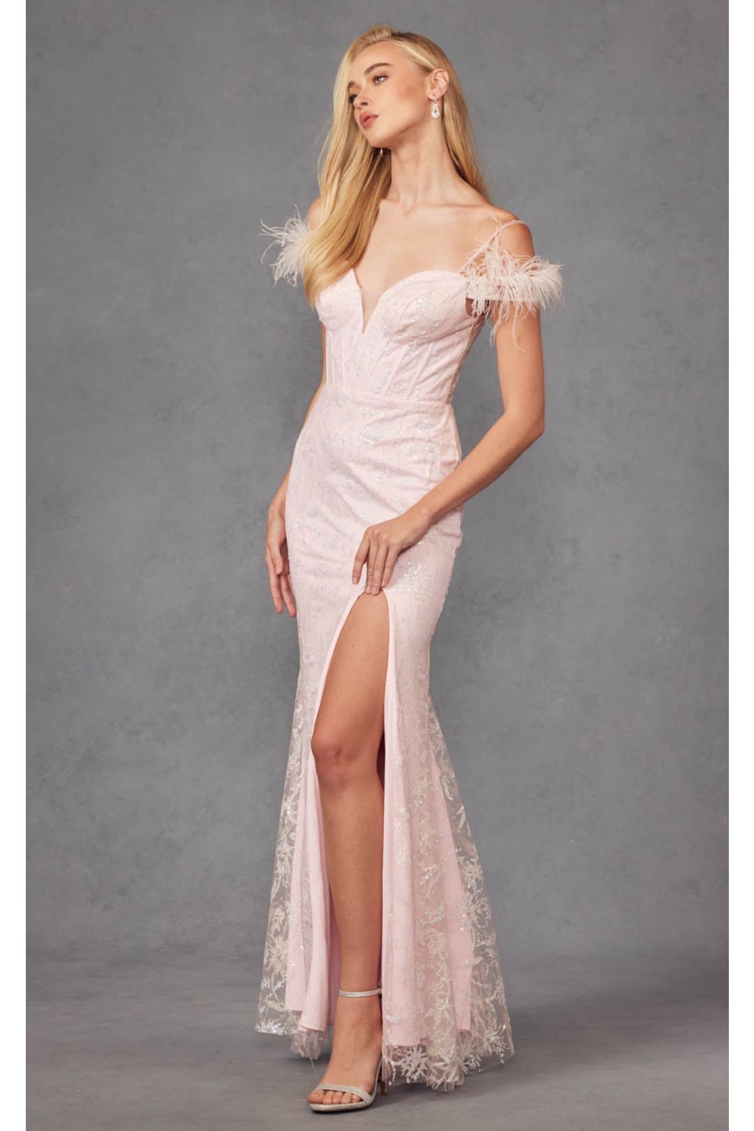 Off-Shoulder Glitter Print Feather Gown by Juliet 2402 - Dress