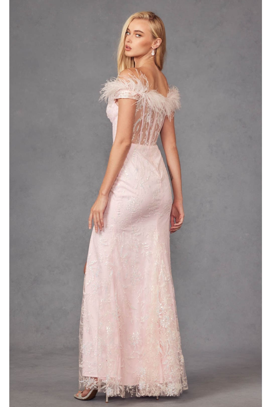 Off-Shoulder Glitter Print Feather Gown by Juliet 2402 - Dress