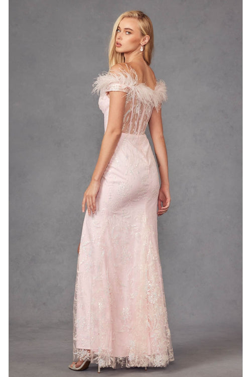 Off-Shoulder Glitter Print Feather Gown by Juliet 2402 - Dress