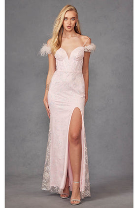 Off-Shoulder Glitter Print Feather Gown by Juliet 2402
