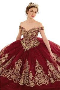 Off-Shoulder Gold Lace Applique Ball Gown 2025 Elegant Dress - Burgundy-Gold / XXS - Prom