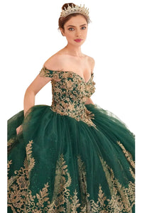 Off-Shoulder Gold Lace Applique Ball Gown 2025 Elegant Dress - Emerald / XXS - Prom