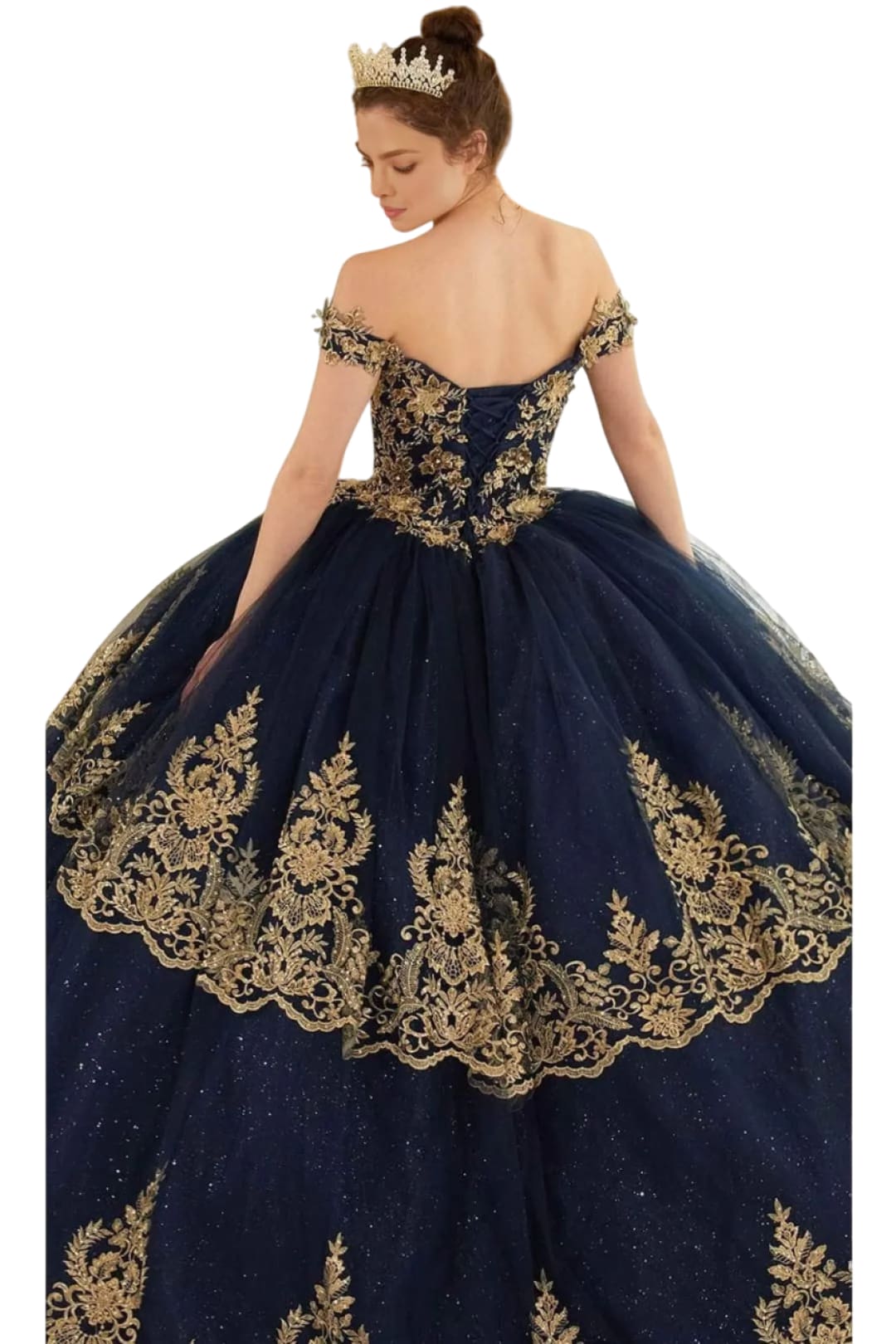 Off-Shoulder Gold Lace Applique Ball Gown 2025 Elegant Dress - Navy-Gold / XXS - Prom