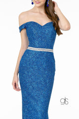 Off Shoulder Long Metallic Floral Lace Dress by Elizabeth K GL1829 - Long Formal Dresses