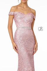 Off Shoulder Long Metallic Floral Lace Dress by Elizabeth K GL1829 - Long Formal Dresses