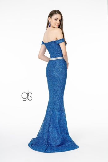 Off Shoulder Long Metallic Floral Lace Dress by Elizabeth K GL1829 - Long Formal Dresses