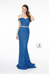 Off Shoulder Long Metallic Floral Lace Dress by Elizabeth K GL1829 - XS / Royal Blue - Long Formal Dresses