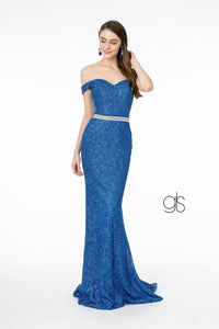 Off Shoulder Long Metallic Floral Lace Dress by Elizabeth K GL1829 - XS / Royal Blue - Long Formal Dresses