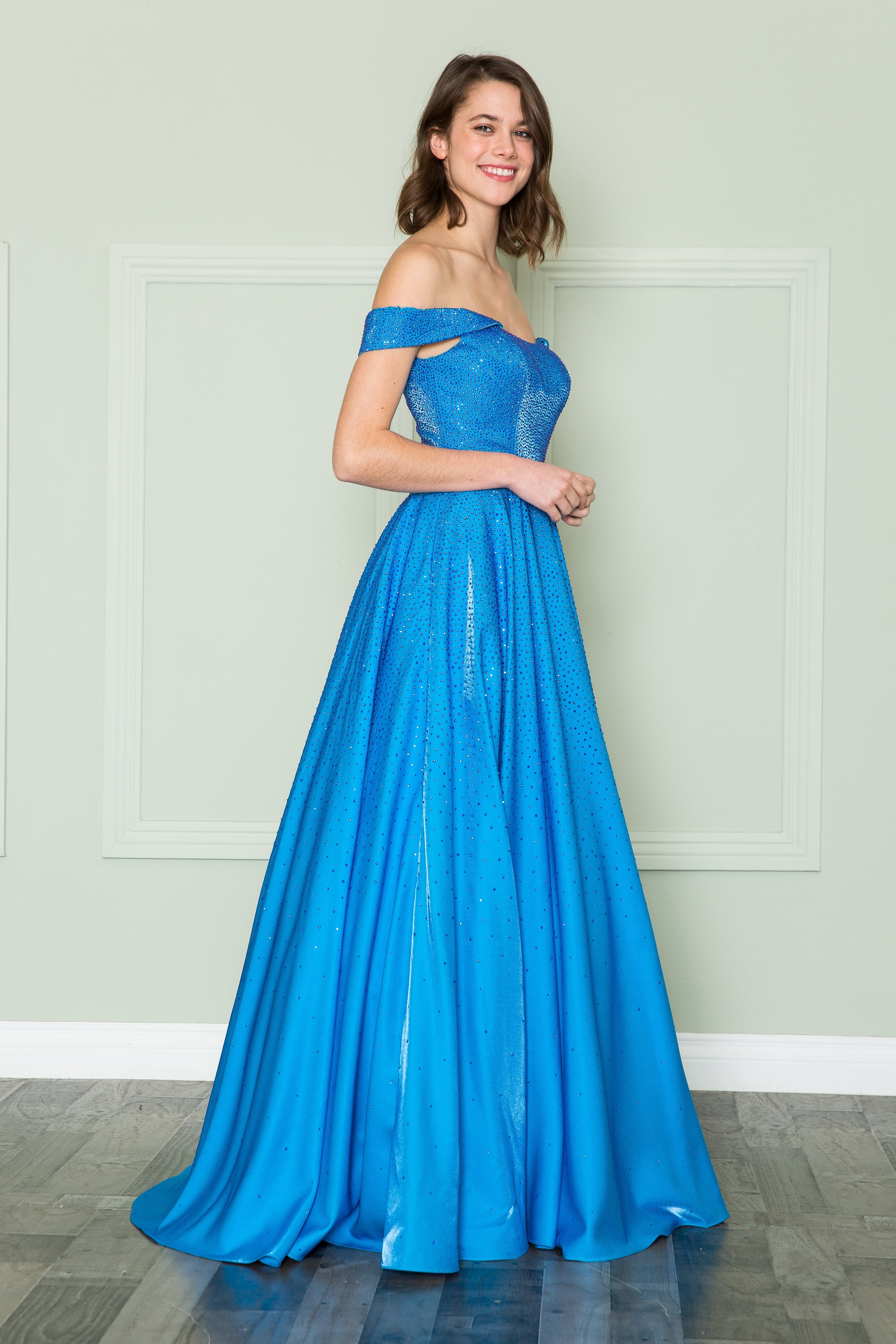 Poly USA 8890 Off Shoulder Rhinestone Gown